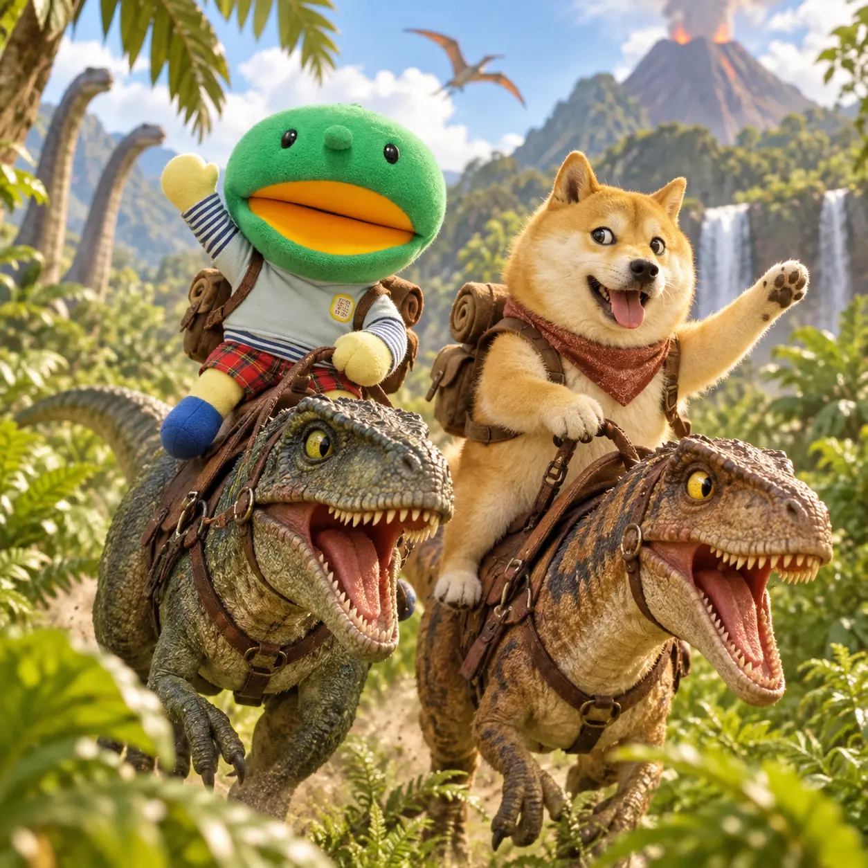 Kabo-chan and Kabosu riding dinosaurs through a prehistoric jungle