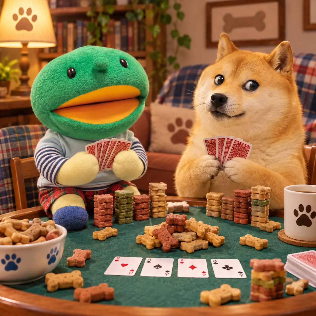 Kabo-chan and Kabosu playing cards with stacks of dog treats