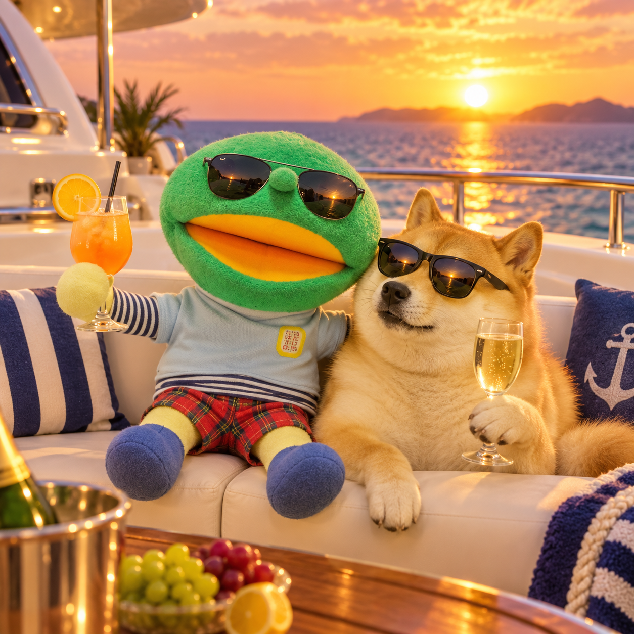 Kabo-chan and Kabosu enjoying sunset on a yacht