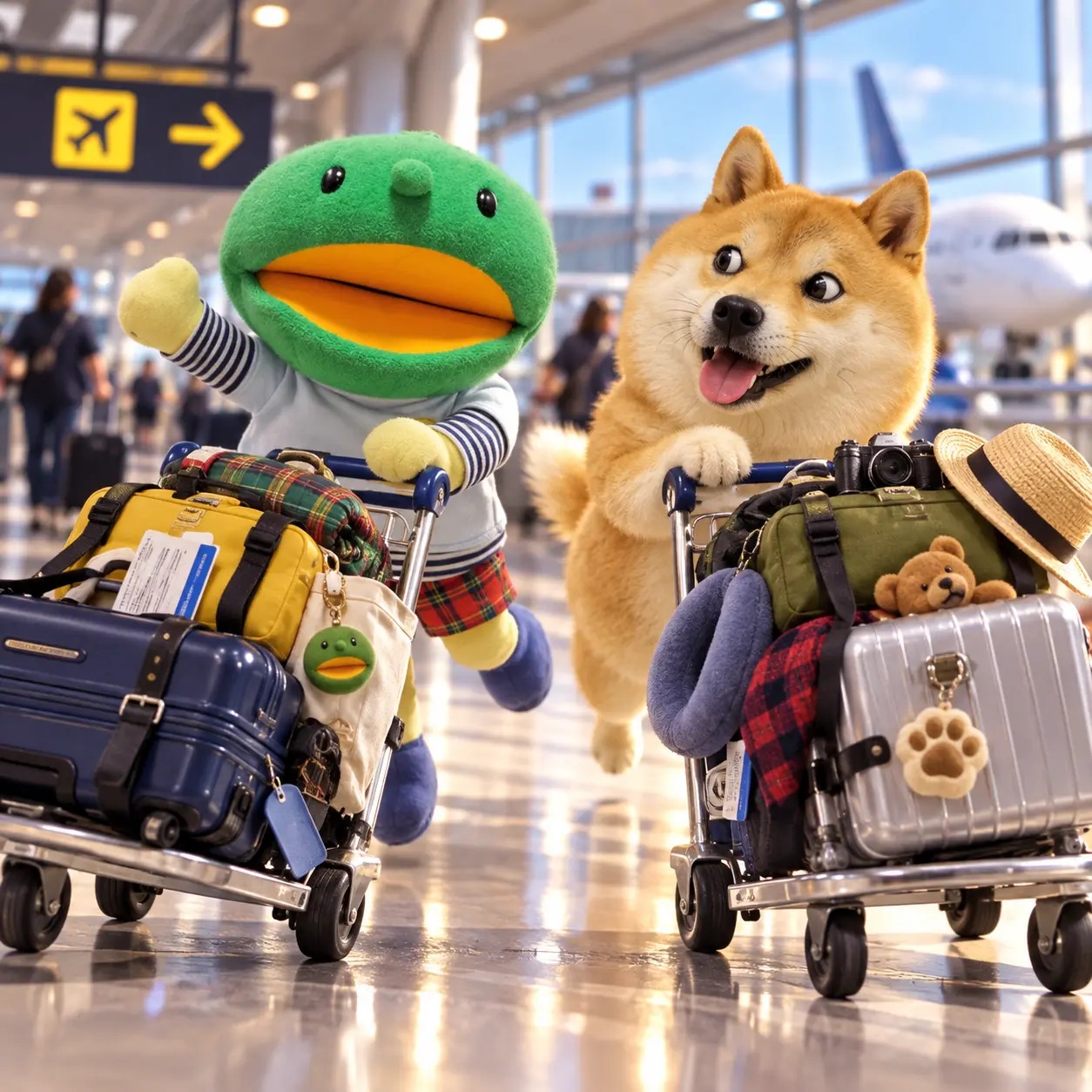 Kabo-chan and Kabosu racing luggage carts through an airport