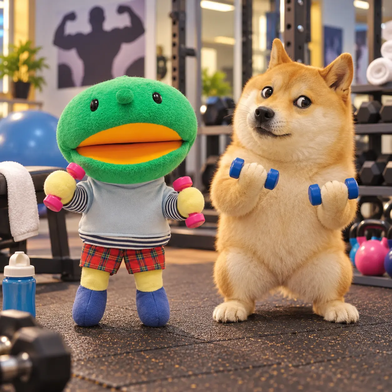 Kabo-chan and Kabosu lifting colorful dumbbells at the gym