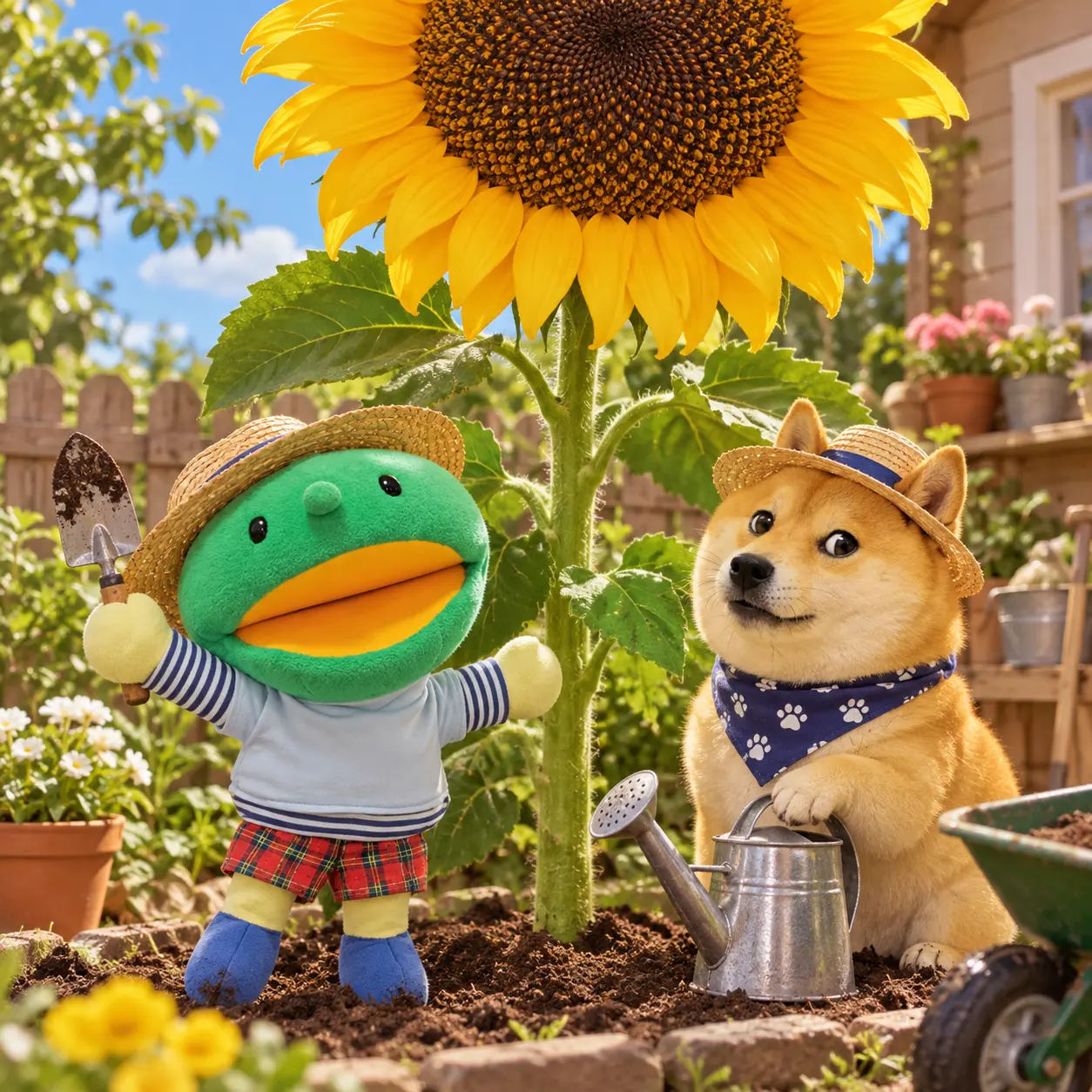 Kabo-chan and Kabosu gardening beneath a giant sunflower