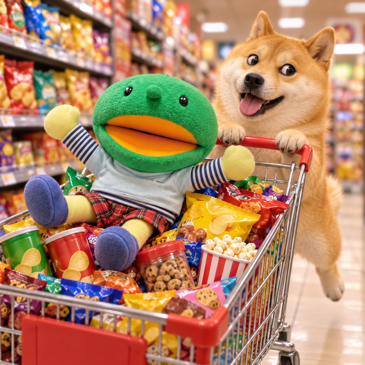 Kabo-chan and Kabosu racing through a snack aisle